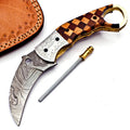 Custom Hand Forged Damascus Karambt knife handle made of wood with Leather Cover Camping Hunting Folding Knife Gift for Him, Grooms man gift