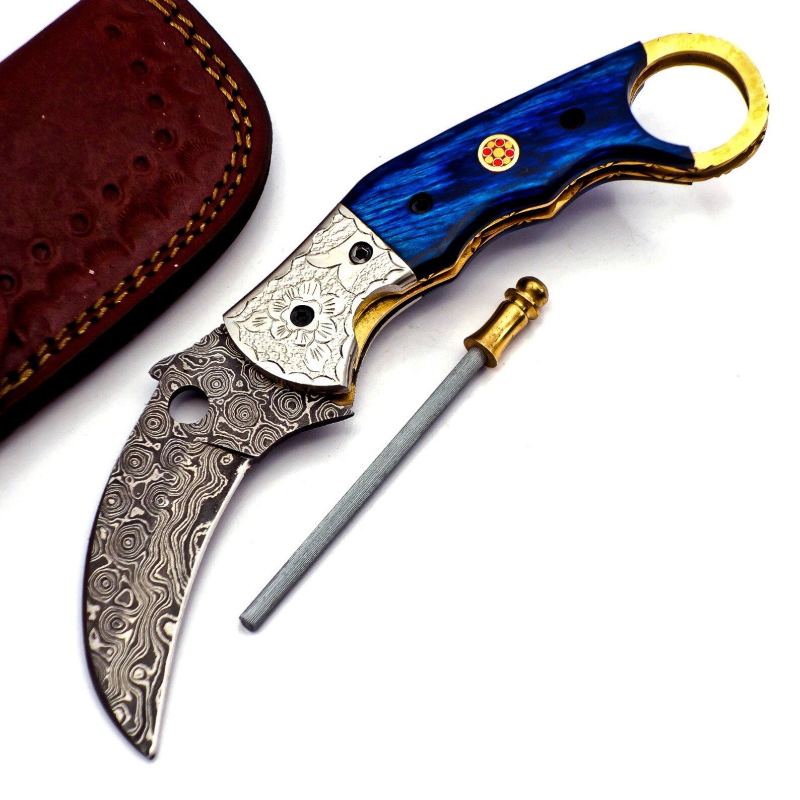 Custom Hand Forged Damascus Karambit 2 knives handle made of Camel Bone with Leather Cover, Camping Hunting Folding Knife Gift for Him