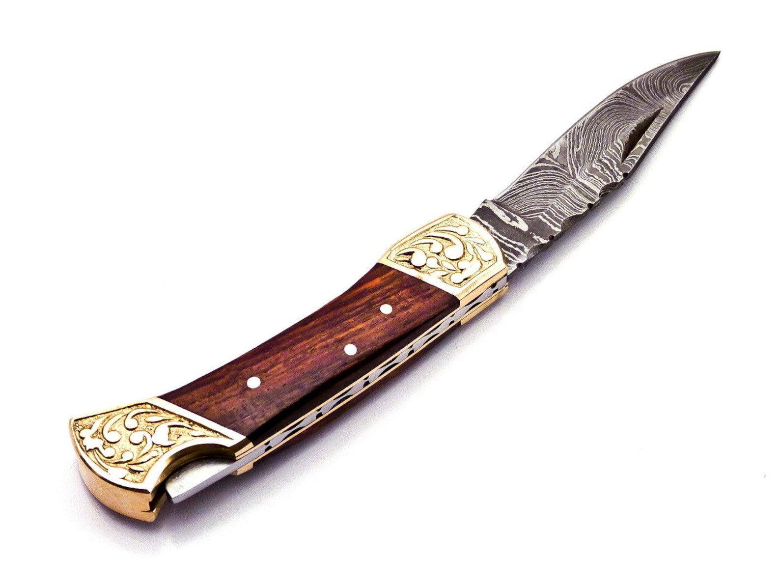 Custom Hand Forged Damascus knife Olive Wood handle with Leather Cover Camping Hunting Folding Knife Back lock