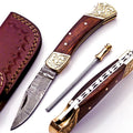 Custom Hand Forged Damascus knife Olive Wood handle with Leather Cover Camping Hunting Folding Knife Back lock