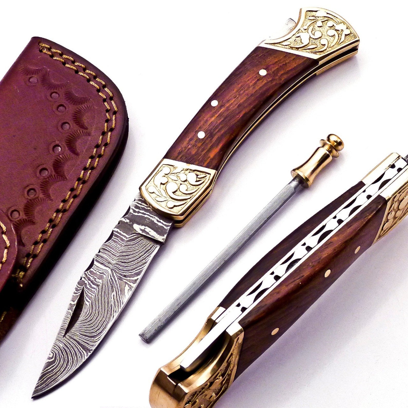Custom Hand Forged Damascus knife Olive Wood handle with Leather Cover Camping Hunting Folding Knife Back lock