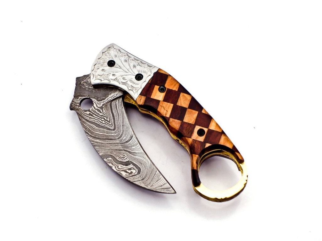 Custom Hand Forged Damascus Karambt knife handle made of wood with Leather Cover Camping Hunting Folding Knife Gift for Him, Grooms man gift