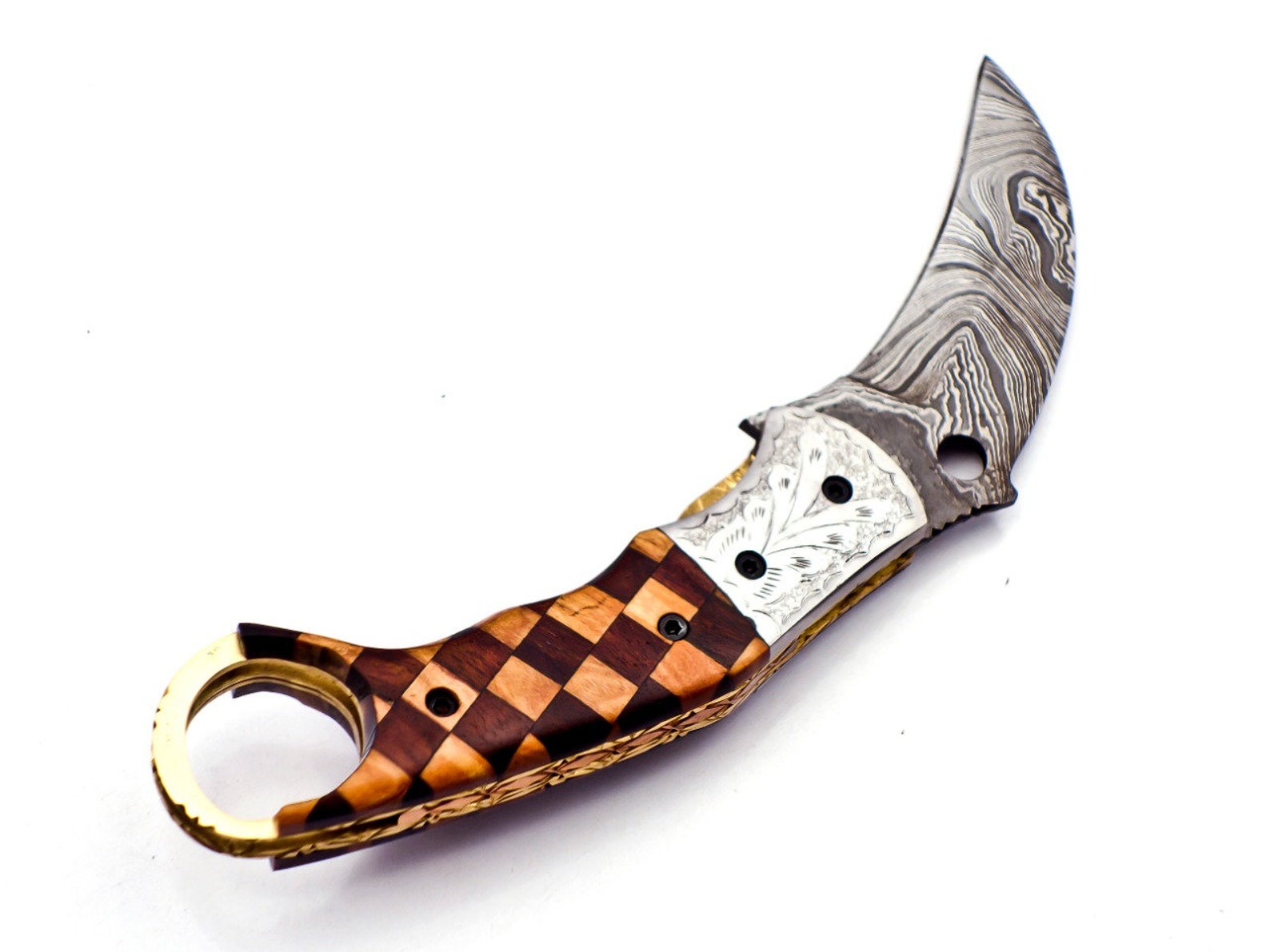 Custom Hand Forged Damascus Karambt knife handle made of wood with Leather Cover Camping Hunting Folding Knife Gift for Him, Grooms man gift