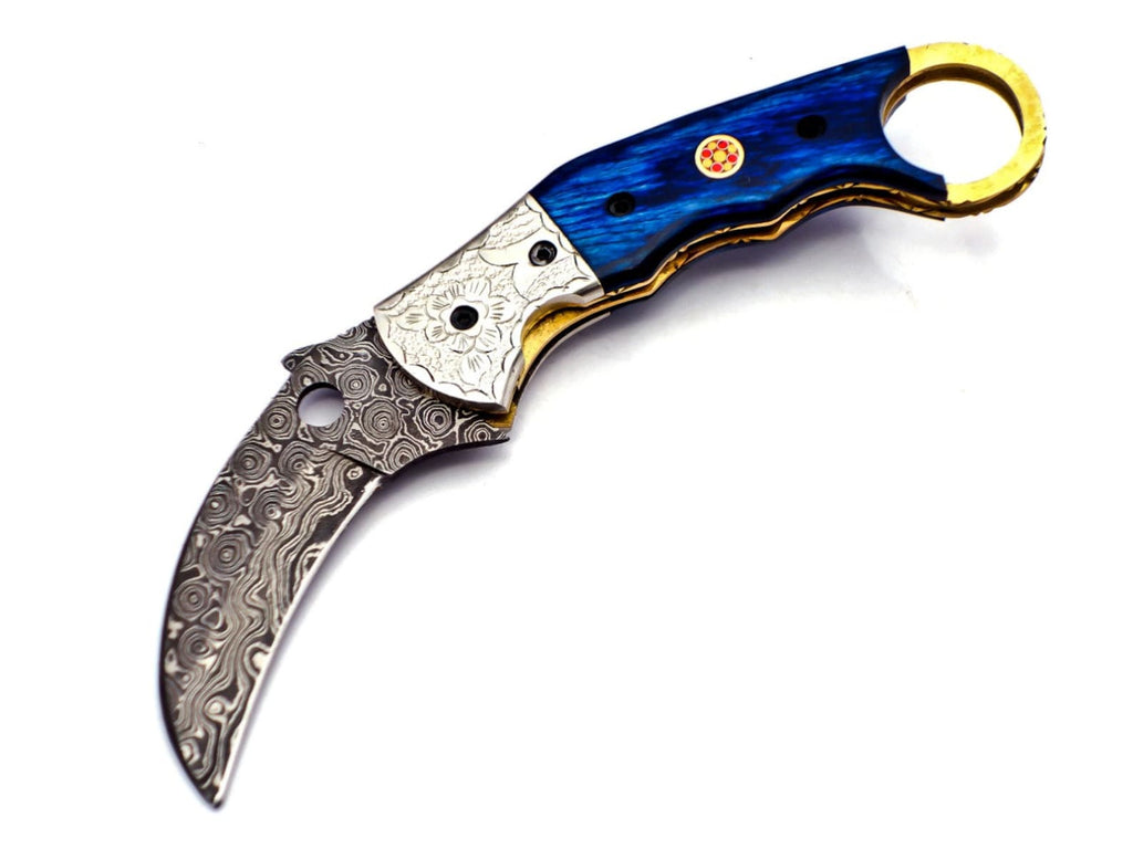 Custom Hand Forged Damascus Karambit 2 knives handle made of Camel Bone with Leather Cover, Camping Hunting Folding Knife Gift for Him