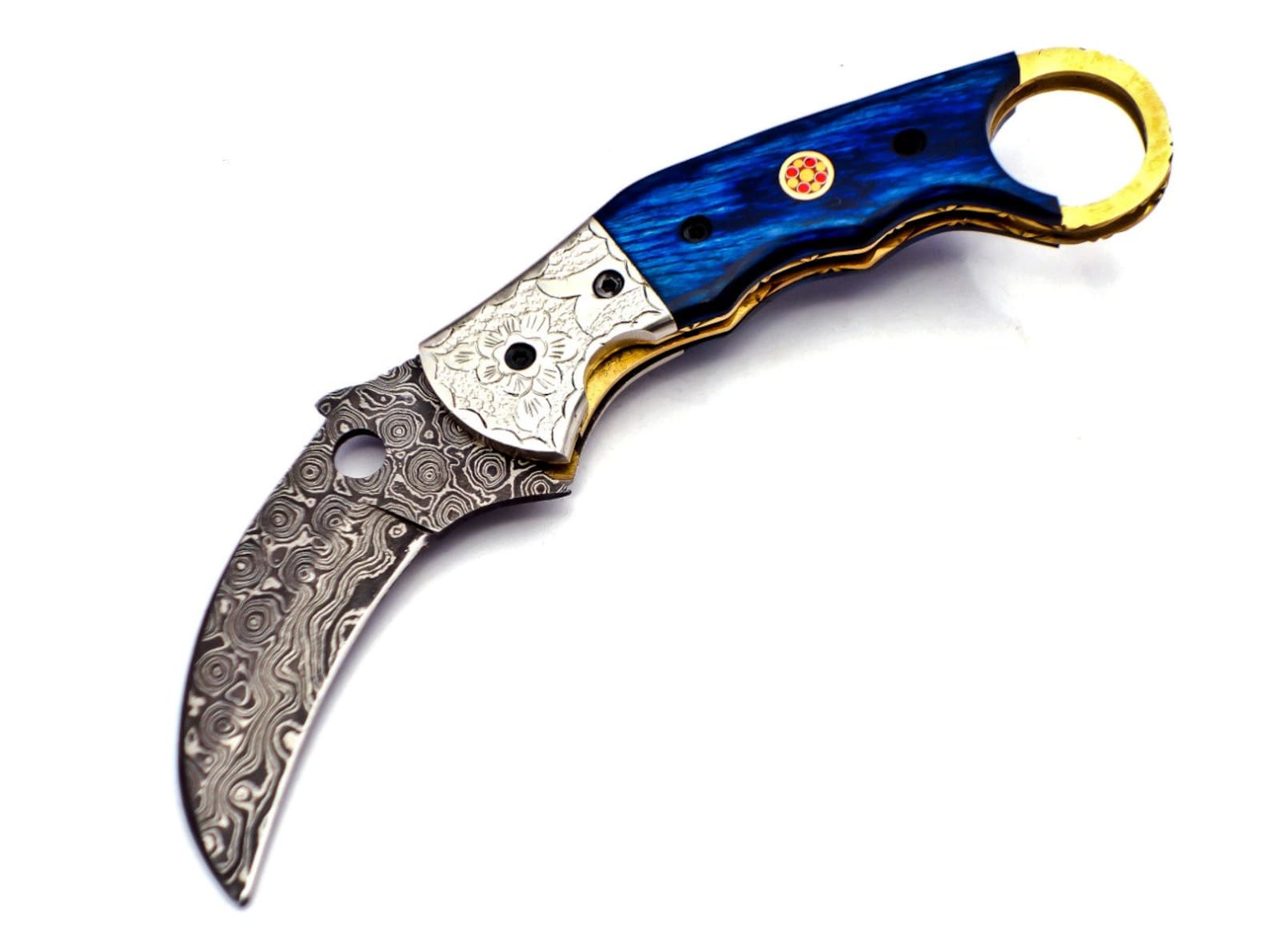 Custom Hand Forged Damascus Karambit 2 knives handle made of Camel Bone with Leather Cover, Camping Hunting Folding Knife Gift for Him