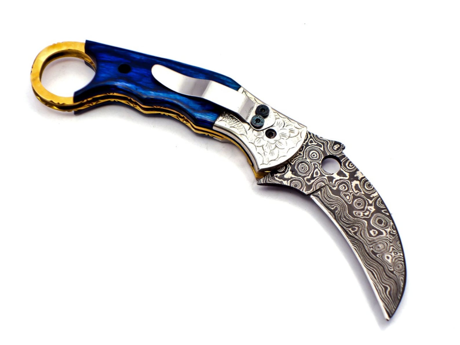 Custom Hand Forged Damascus Karambit 2 knives handle made of Camel Bone with Leather Cover, Camping Hunting Folding Knife Gift for Him