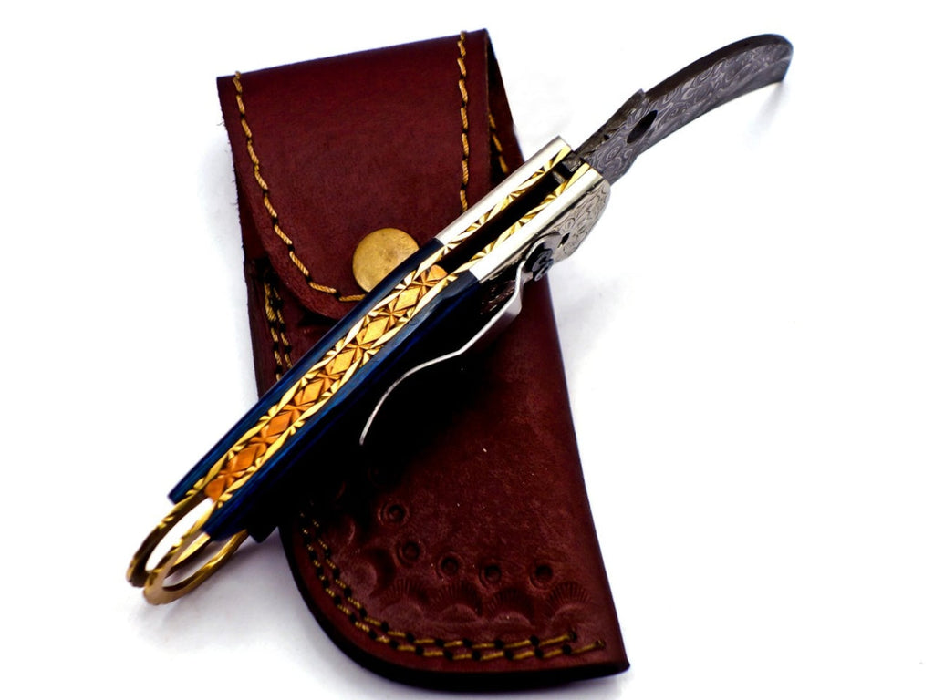 Custom Hand Forged Damascus Karambit 2 knives handle made of Camel Bone with Leather Cover, Camping Hunting Folding Knife Gift for Him