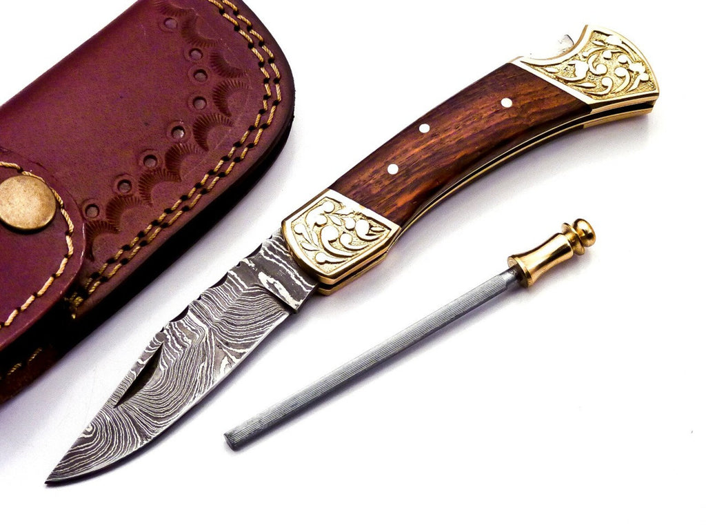 Custom Hand Forged Damascus knife Olive Wood handle with Leather Cover Camping Hunting Folding Knife Back lock