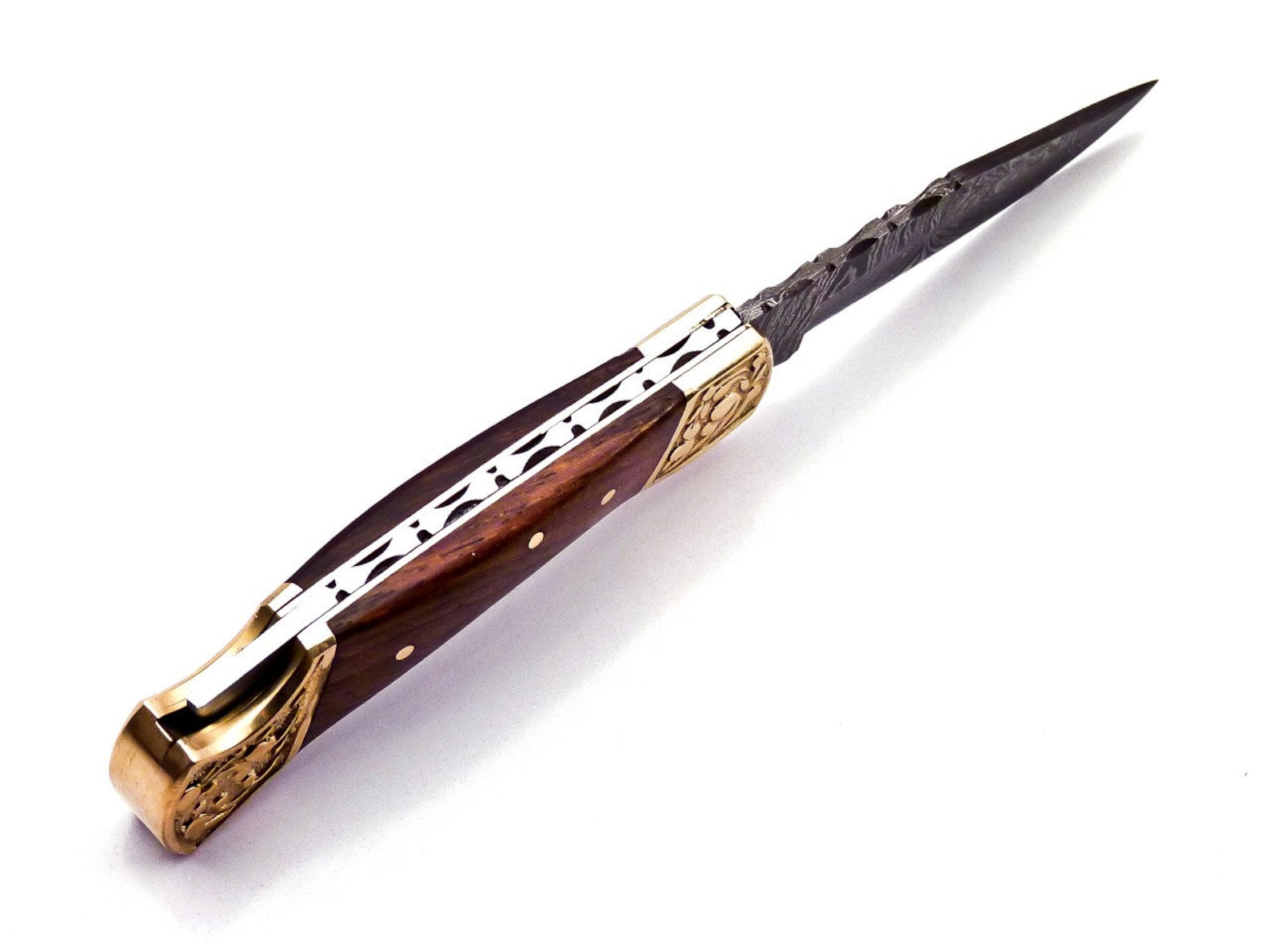 Custom Hand Forged Damascus knife Olive Wood handle with Leather Cover Camping Hunting Folding Knife Back lock