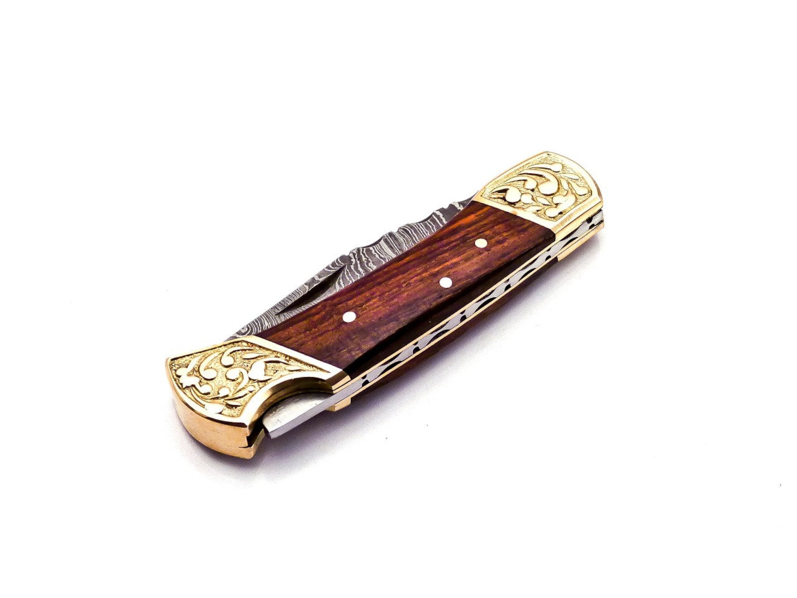 Custom Hand Forged Damascus knife Olive Wood handle with Leather Cover Camping Hunting Folding Knife Back lock