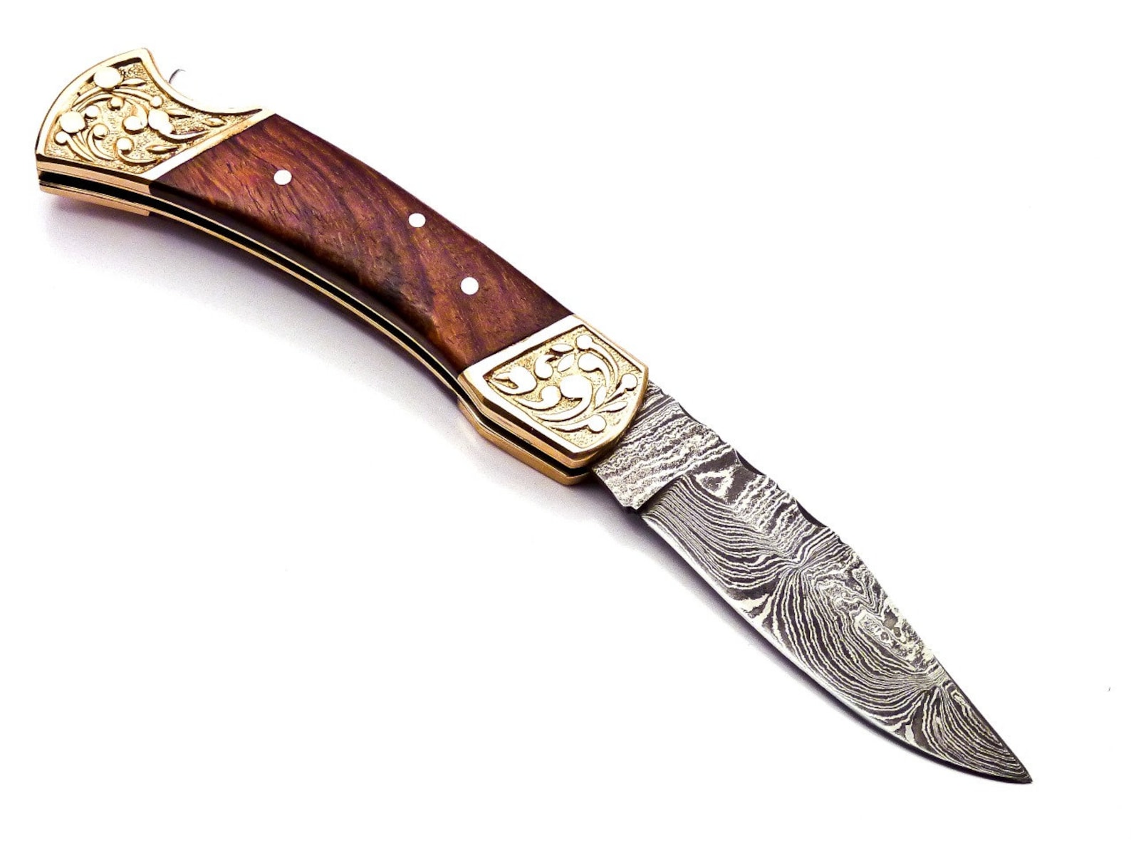 Custom Hand Forged Damascus knife Olive Wood handle with Leather Cover Camping Hunting Folding Knife Back lock