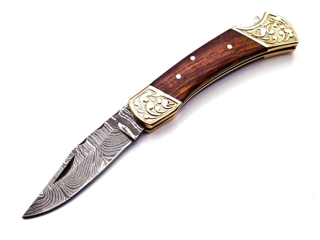 Custom Hand Forged Damascus knife Olive Wood handle with Leather Cover Camping Hunting Folding Knife Back lock
