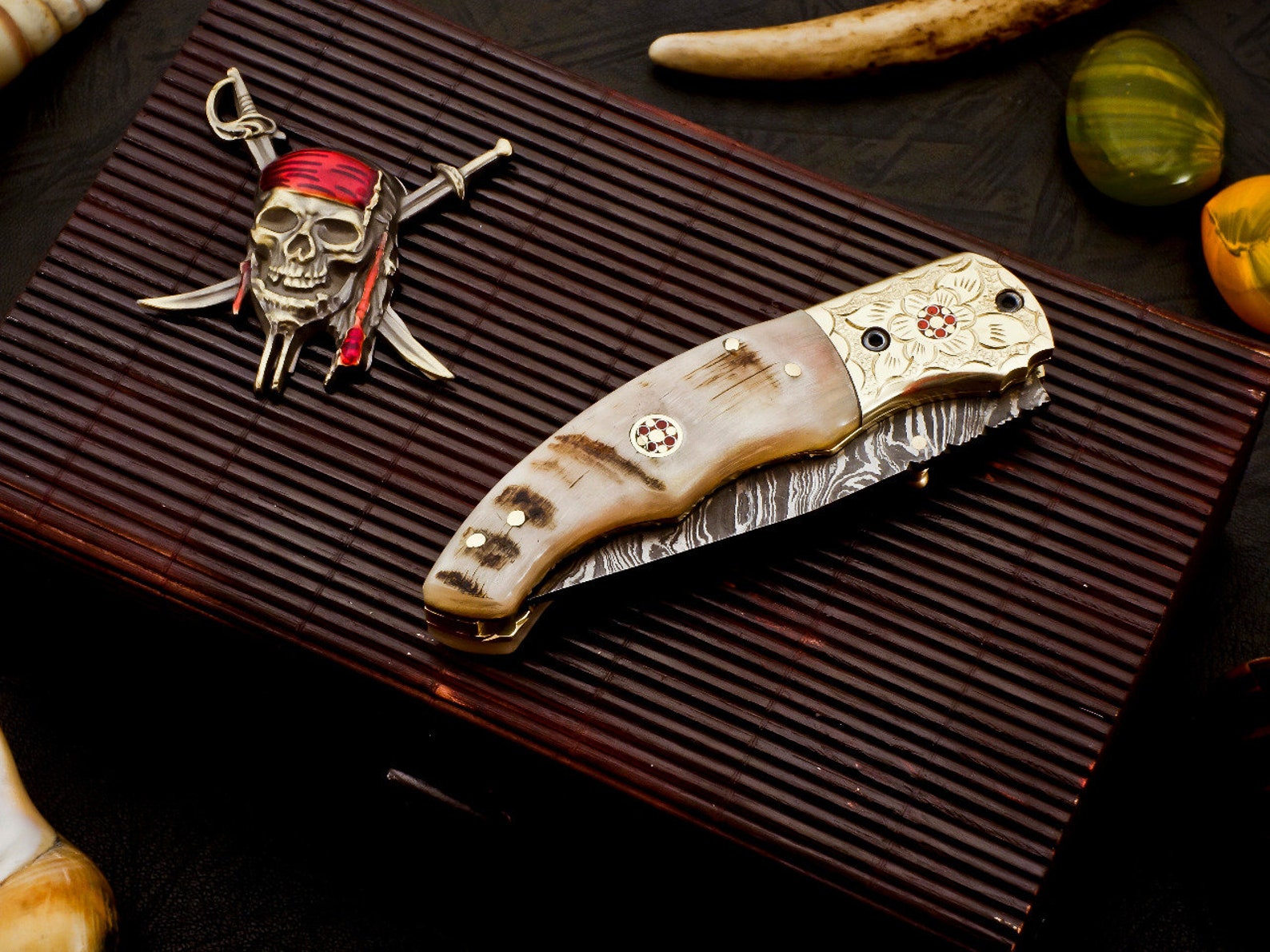 Custom Hand Forged Damascus knife Ram Horn handle with Leather Cover Camping Hunting Folding Knife