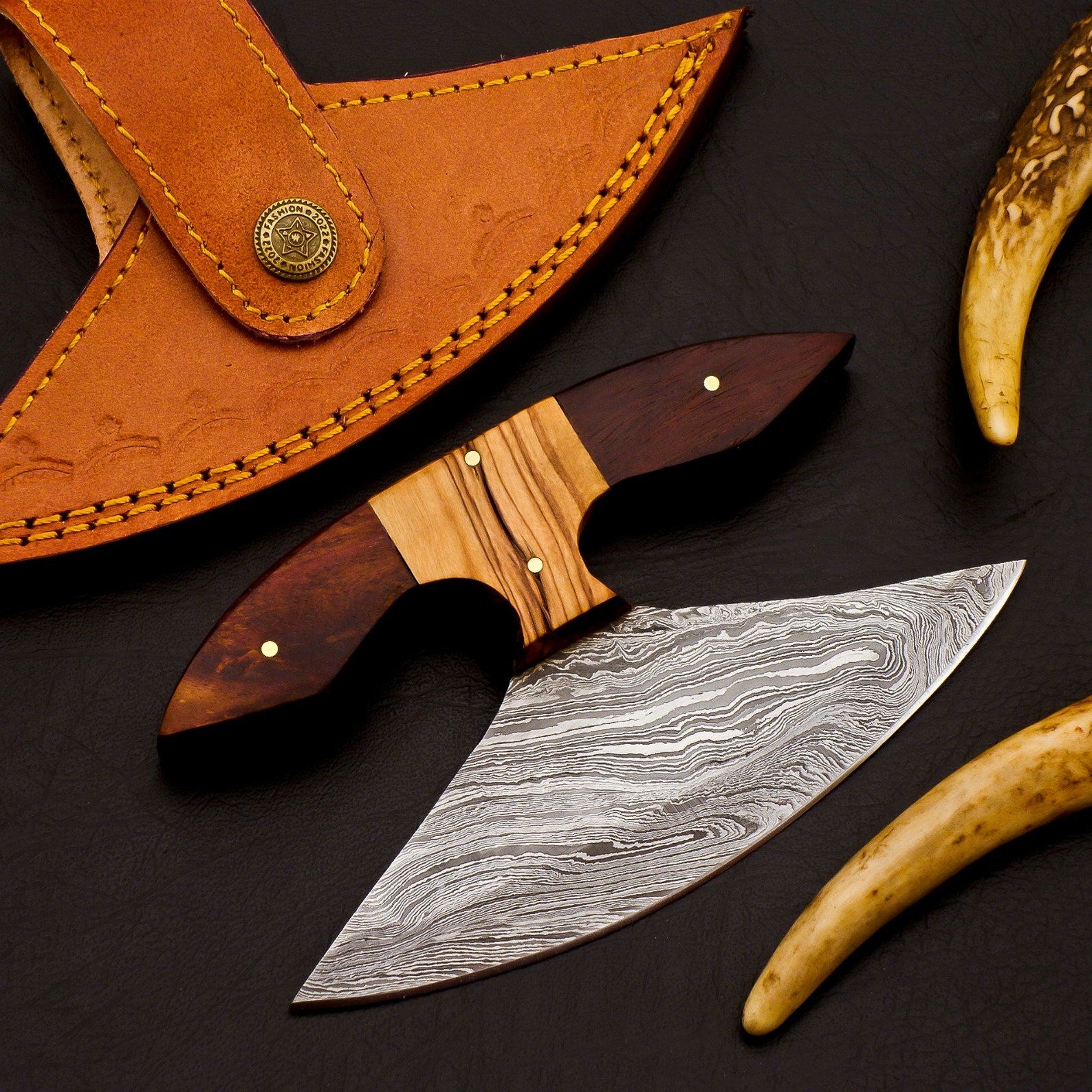 Personalized Damascus Chef Kitchen Ulu Knife Chef Knife Heavy Duty Damascus Handle Koa Wood Gift for Her/him with Leather Sheath