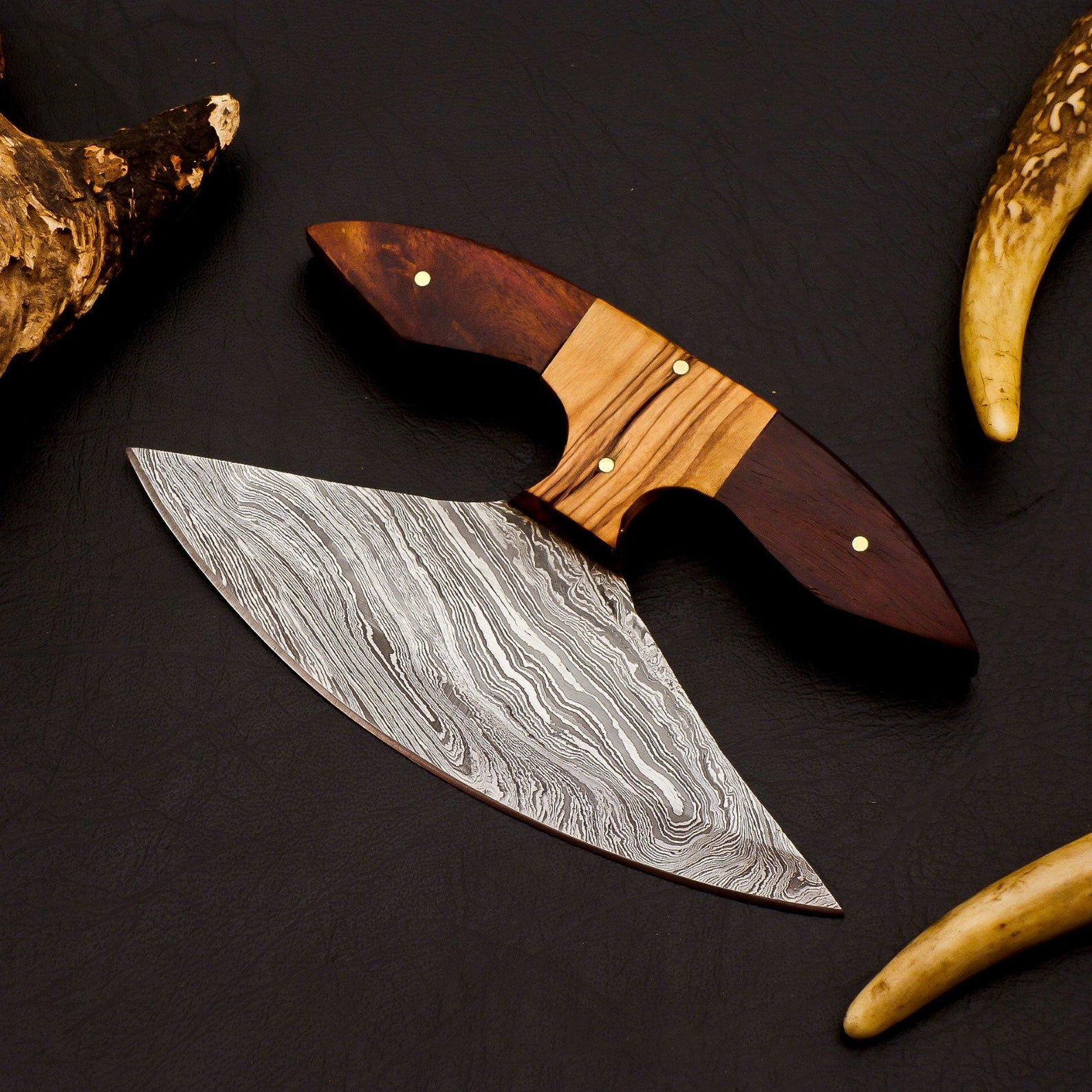 Personalized Damascus Chef Kitchen Ulu Knife Chef Knife Heavy Duty Damascus Handle Koa Wood Gift for Her/him with Leather Sheath