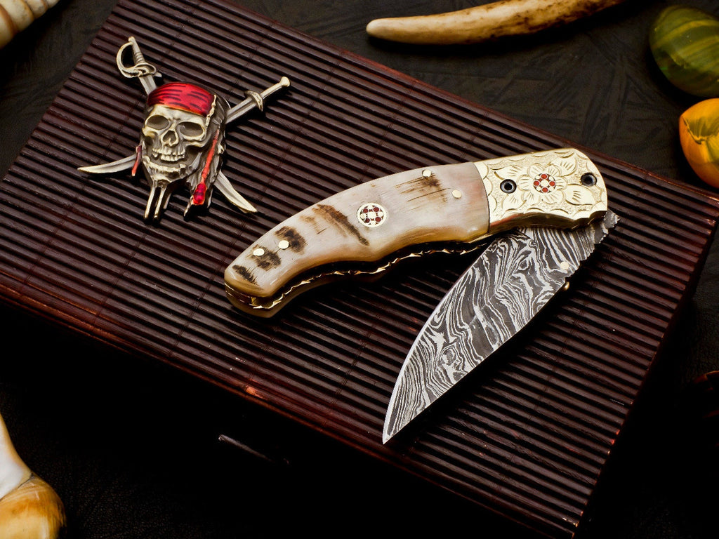 Custom Hand Forged Damascus knife Ram Horn handle with Leather Cover Camping Hunting Folding Knife