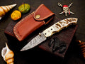 Custom Hand Forged Damascus knife Ram Horn handle with Leather Cover Camping Hunting Folding Knife