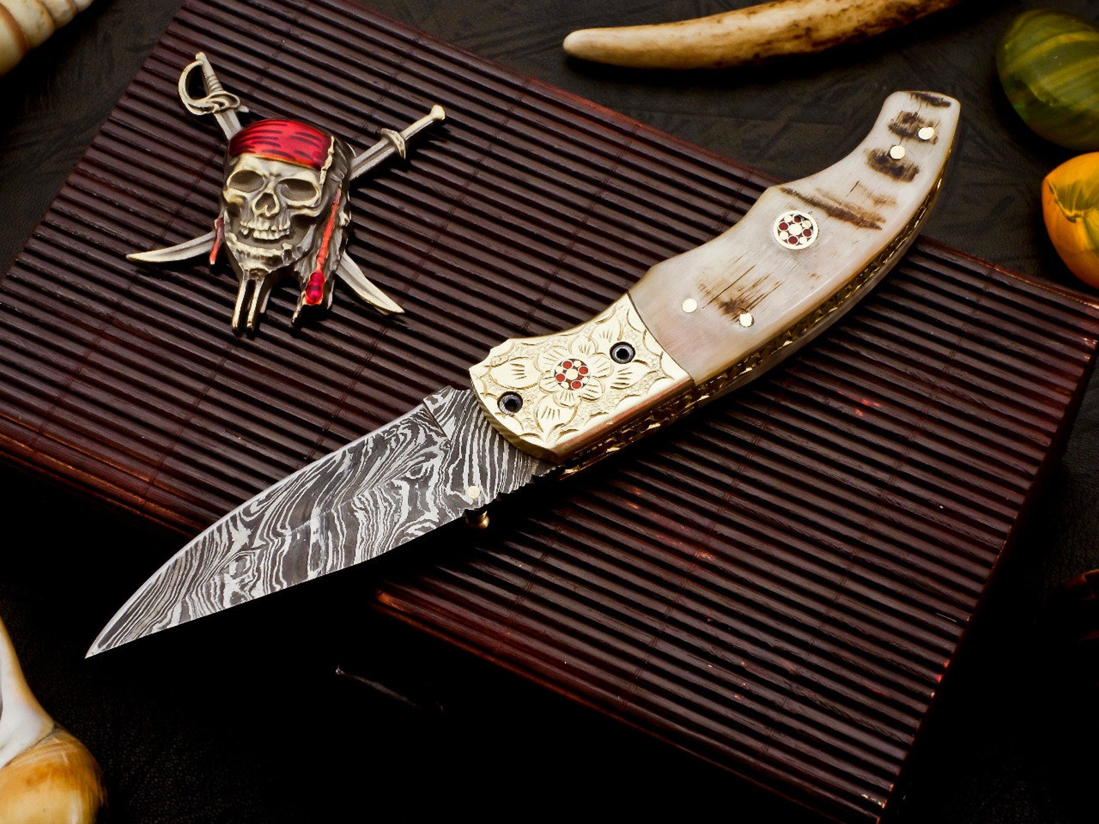 Custom Hand Forged Damascus knife Ram Horn handle with Leather Cover Camping Hunting Folding Knife