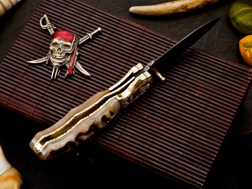 Custom Hand Forged Damascus knife Ram Horn handle with Leather Cover Camping Hunting Folding Knife
