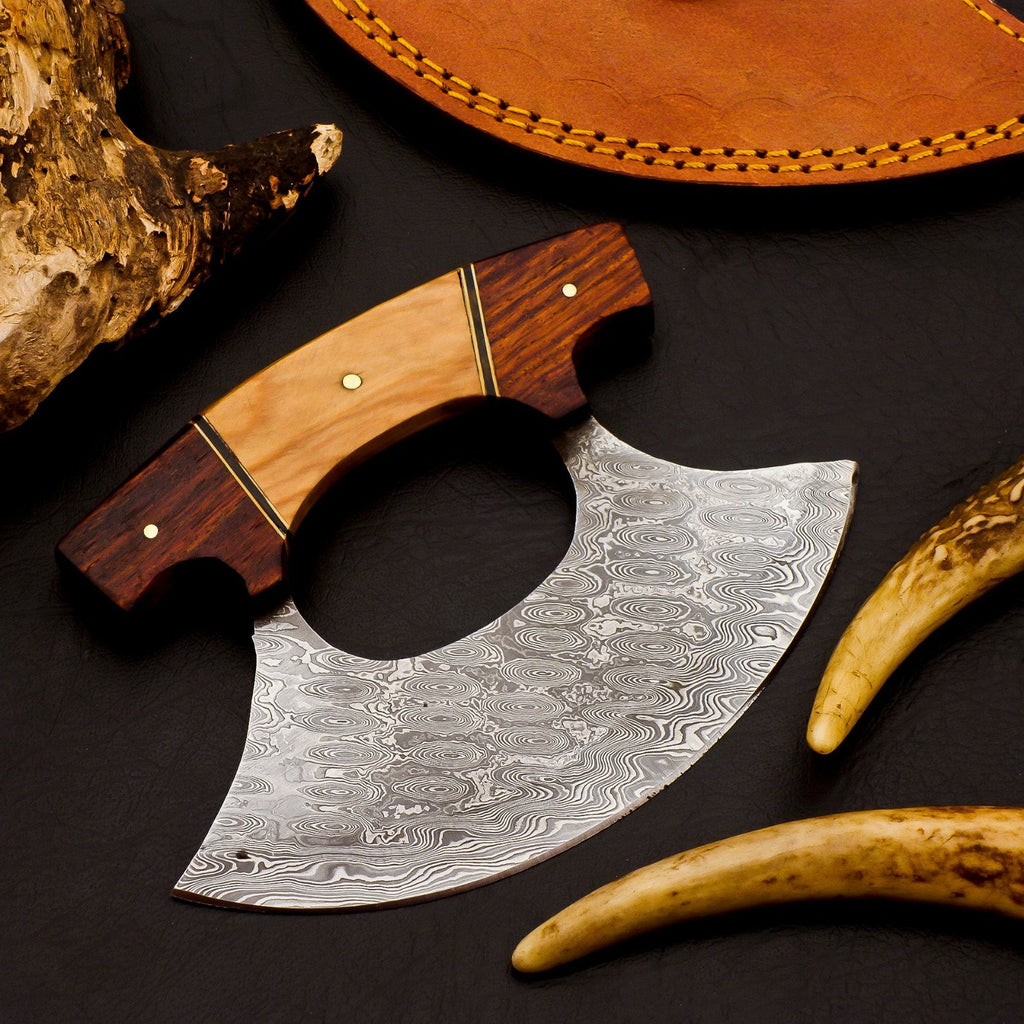 Personalized Damascus Chef Kitchen Ulu Knife Chef Knife Heavy Duty Damascus Handle Koa Wood Gift for Her/him with Leather Sheath