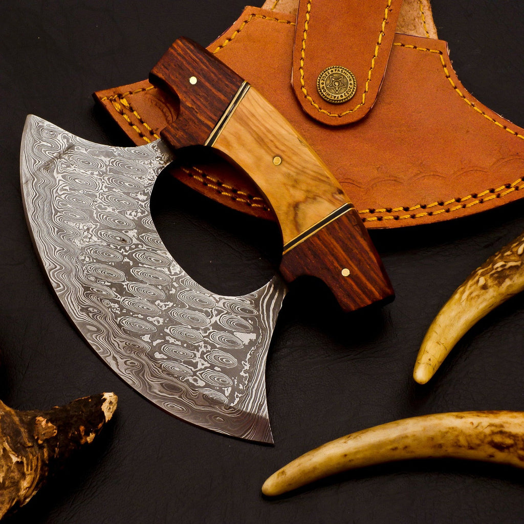 Personalized Damascus Chef Kitchen Ulu Knife Chef Knife Heavy Duty Damascus Handle Koa Wood Gift for Her/him with Leather Sheath