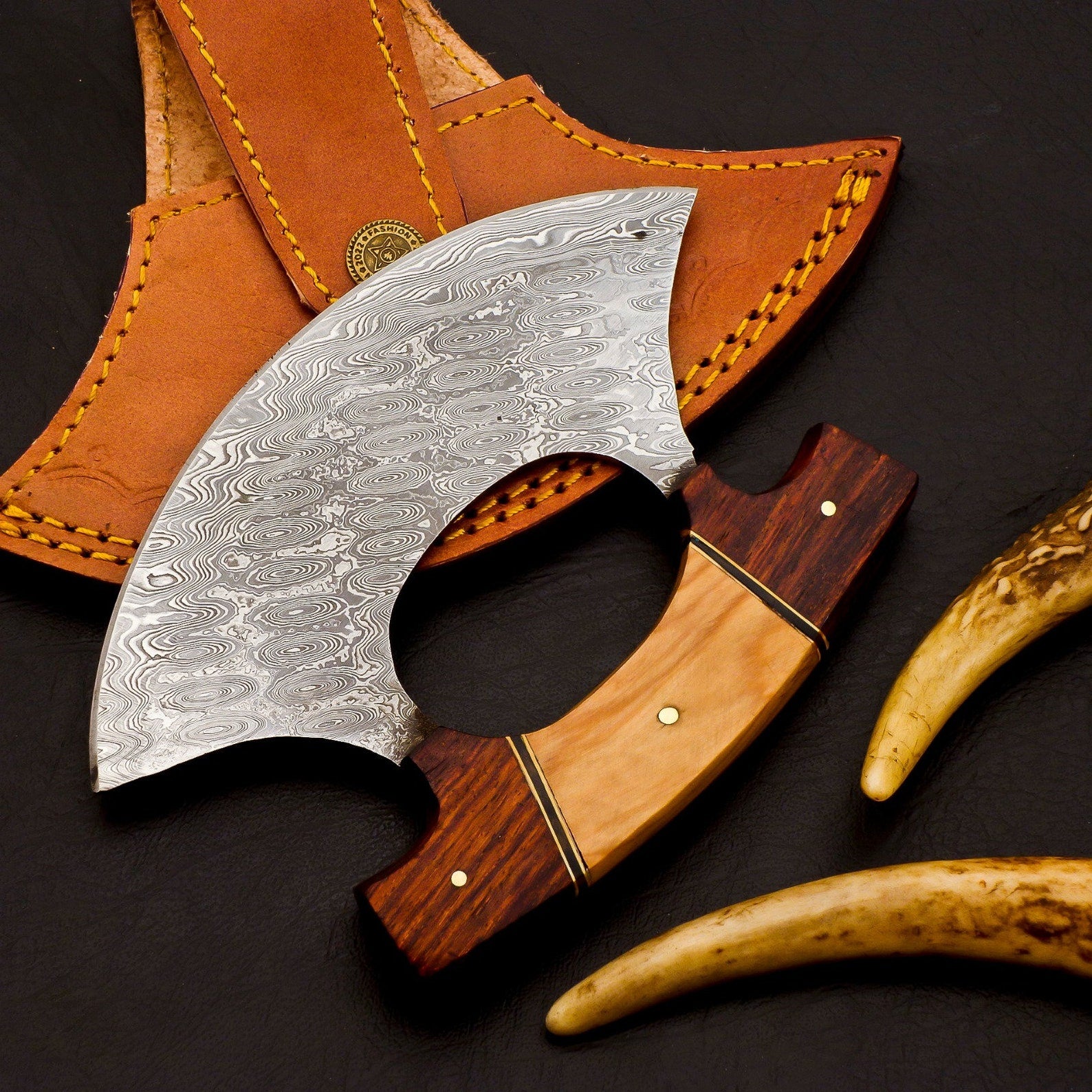 Personalized Damascus Chef Kitchen Ulu Knife Chef Knife Heavy Duty Damascus Handle Koa Wood Gift for Her/him with Leather Sheath