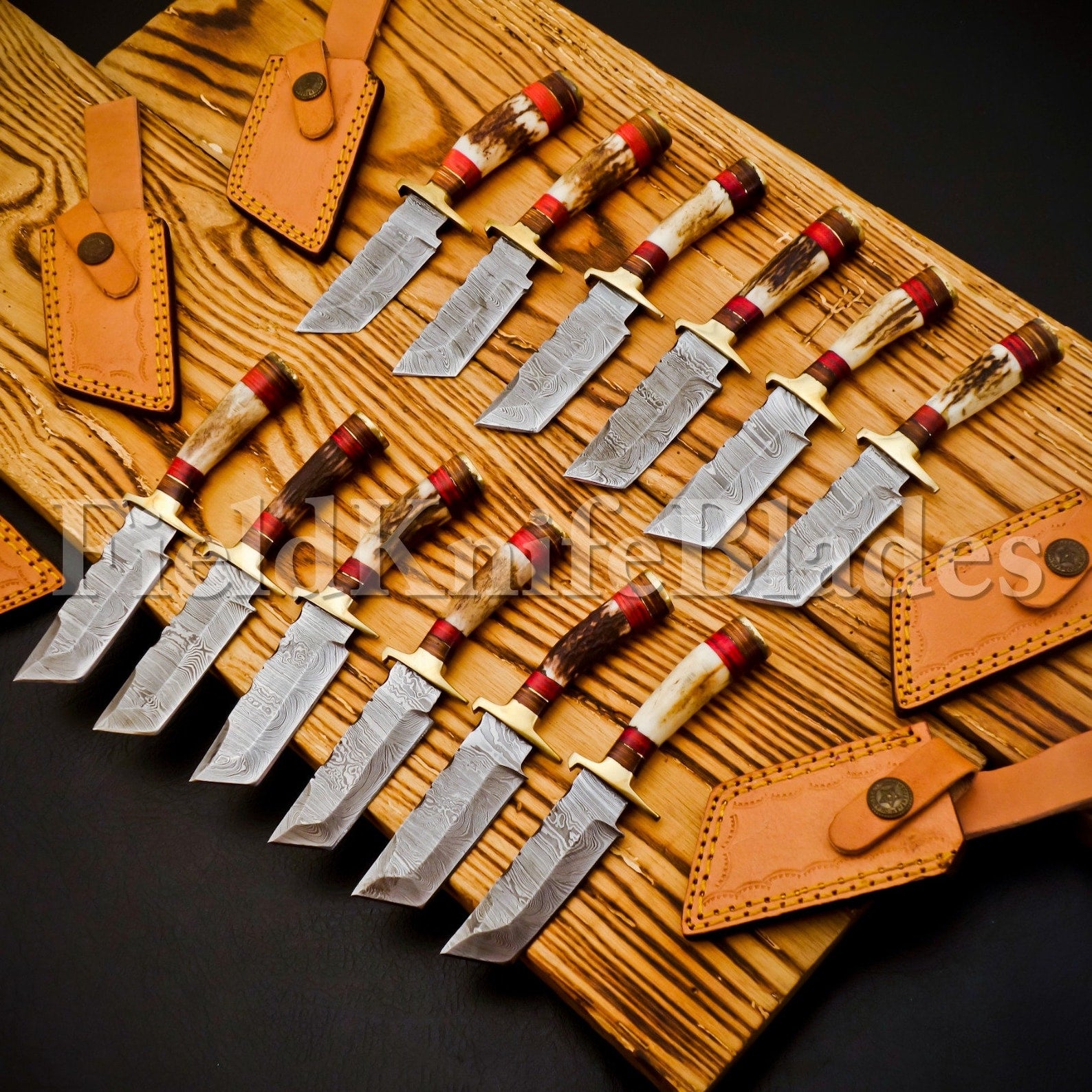 Personalized Set of Groomsmen Damascus Hunting Tanto knife Handle Deer Antler