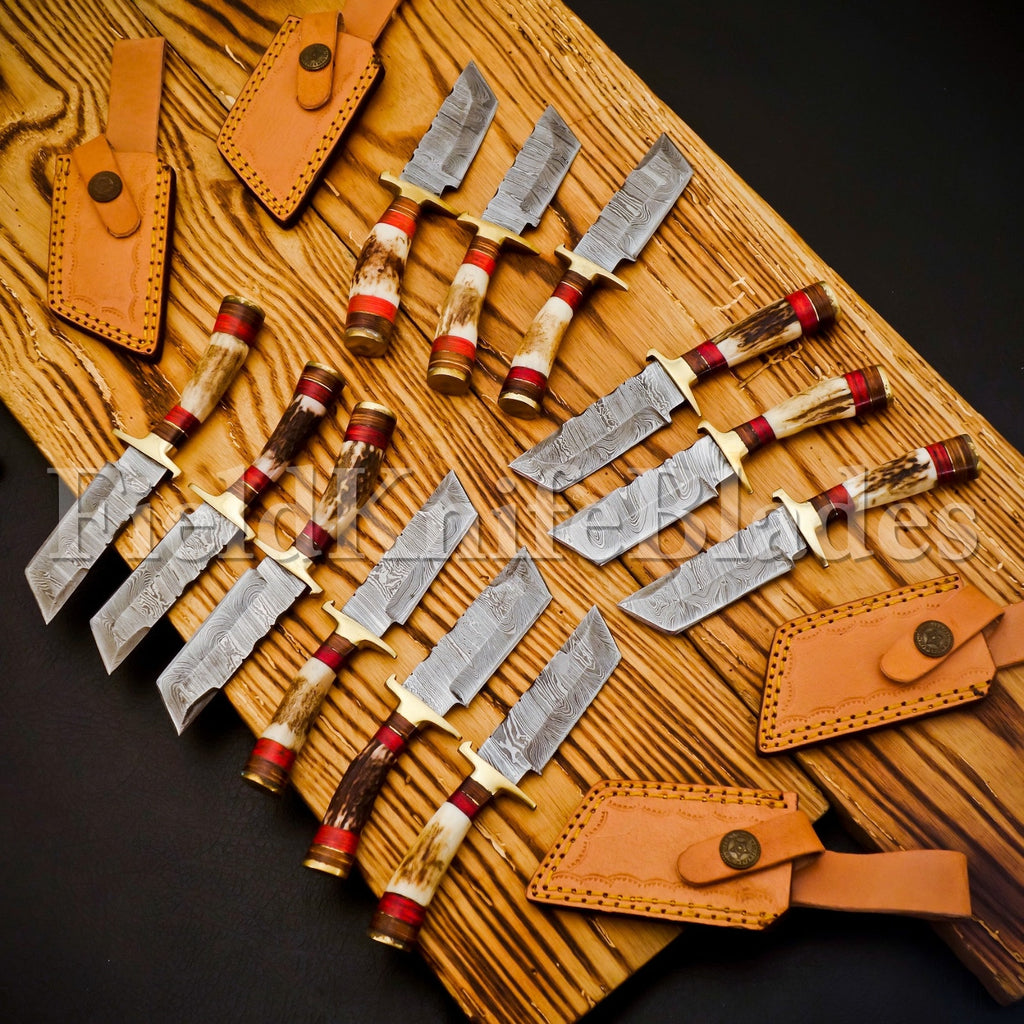 Personalized Set of Groomsmen Damascus Hunting Tanto knife Handle Deer Antler