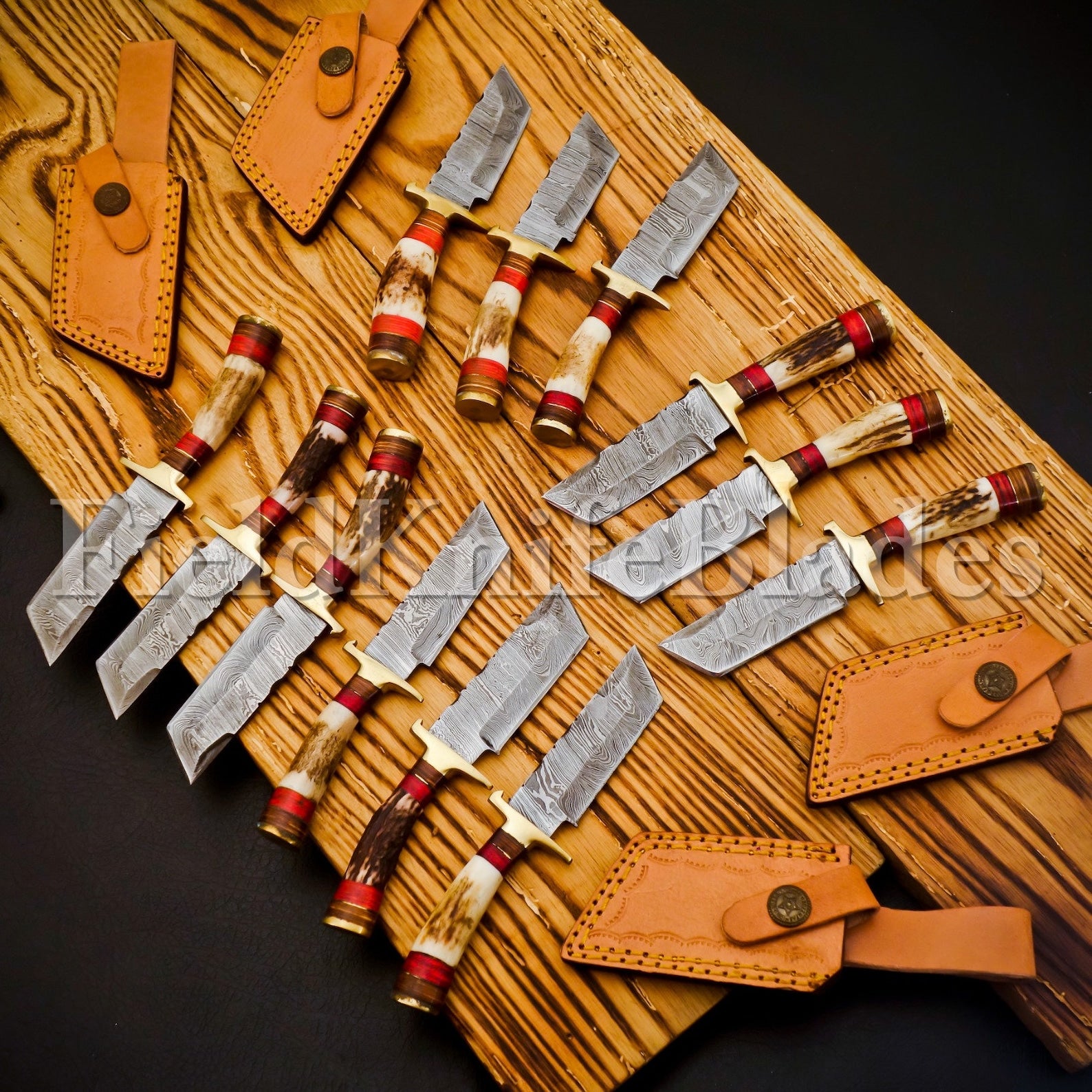 Personalized Set of Groomsmen Damascus Hunting Tanto knife Handle Deer Antler