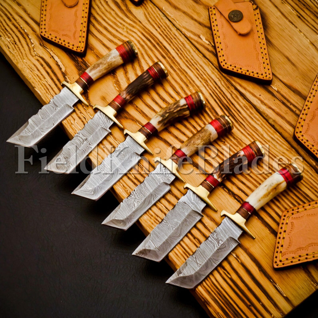 Personalized Set of Groomsmen Damascus Hunting Tanto knife Handle Deer Antler