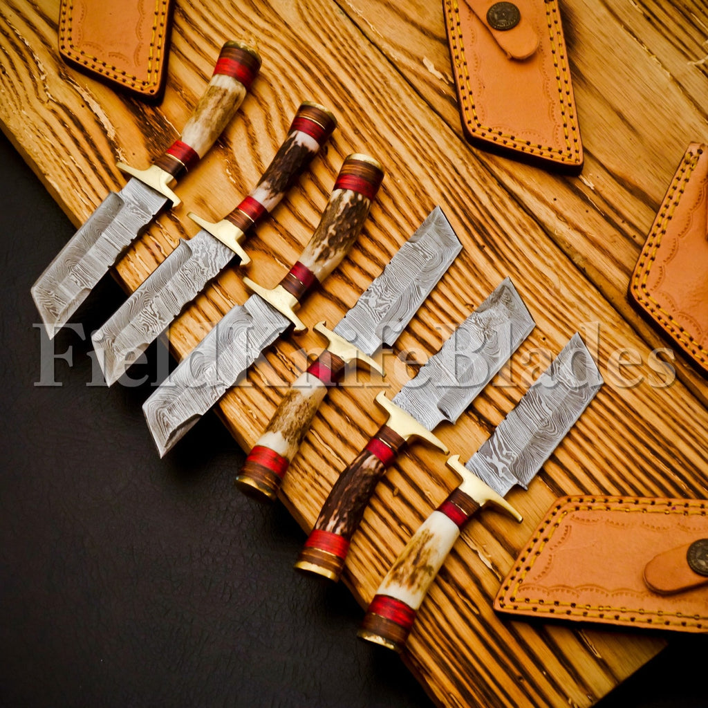 Personalized Set of Groomsmen Damascus Hunting Tanto knife Handle Deer Antler