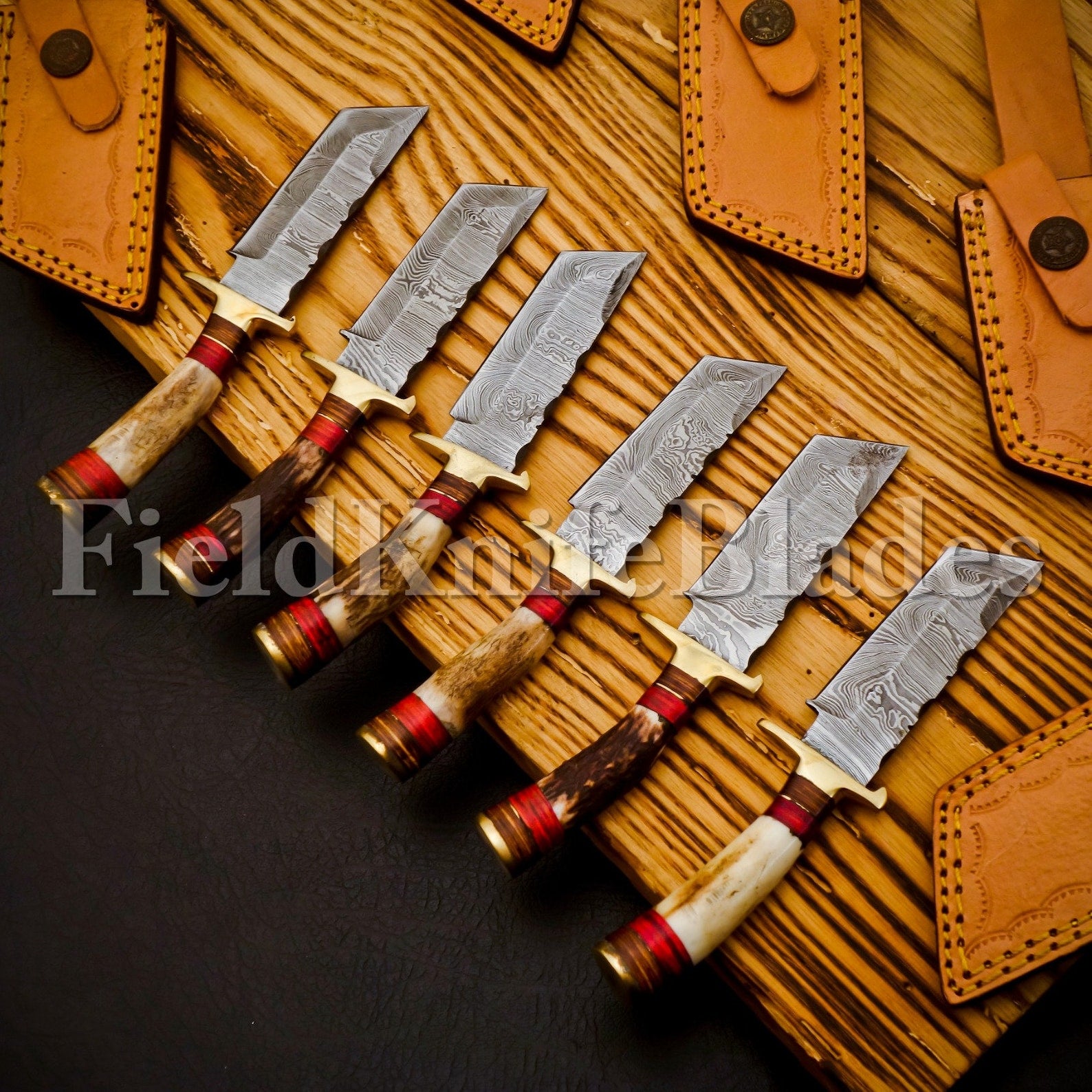 Personalized Set of Groomsmen Damascus Hunting Tanto knife Handle Deer Antler