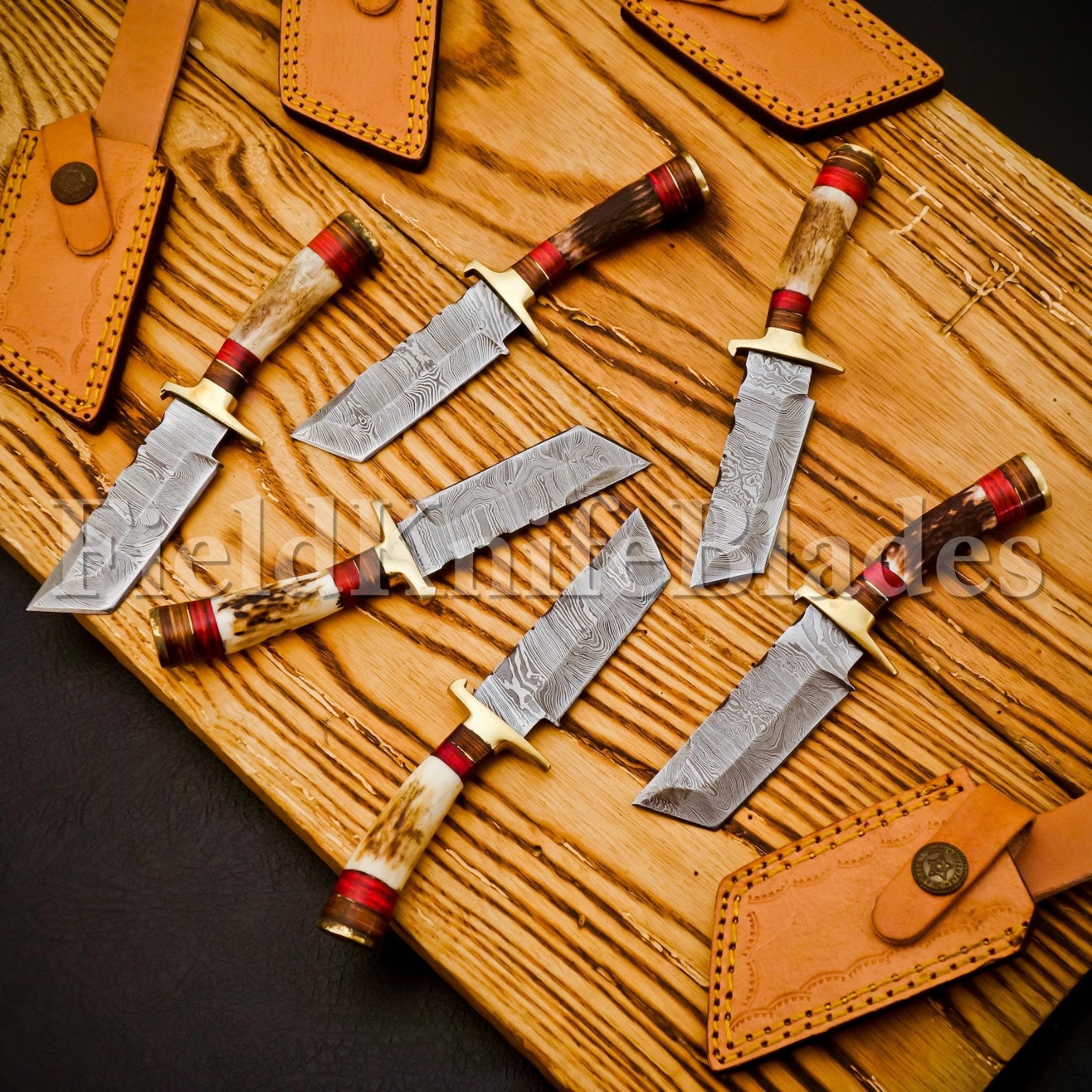 Personalized Set of Groomsmen Damascus Hunting Tanto knife Handle Deer Antler