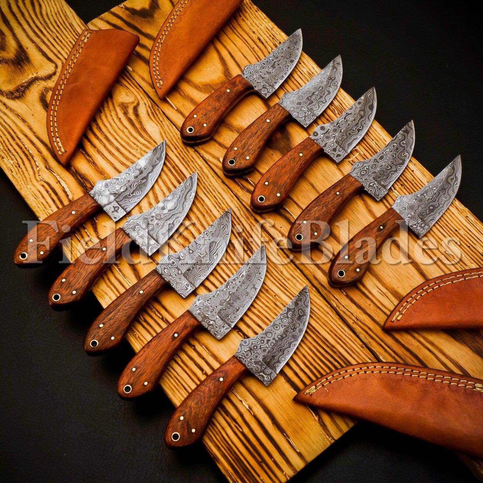 Personalized Set for Groomsmen Damascus Steel Hunting knife Handle Tali Wood