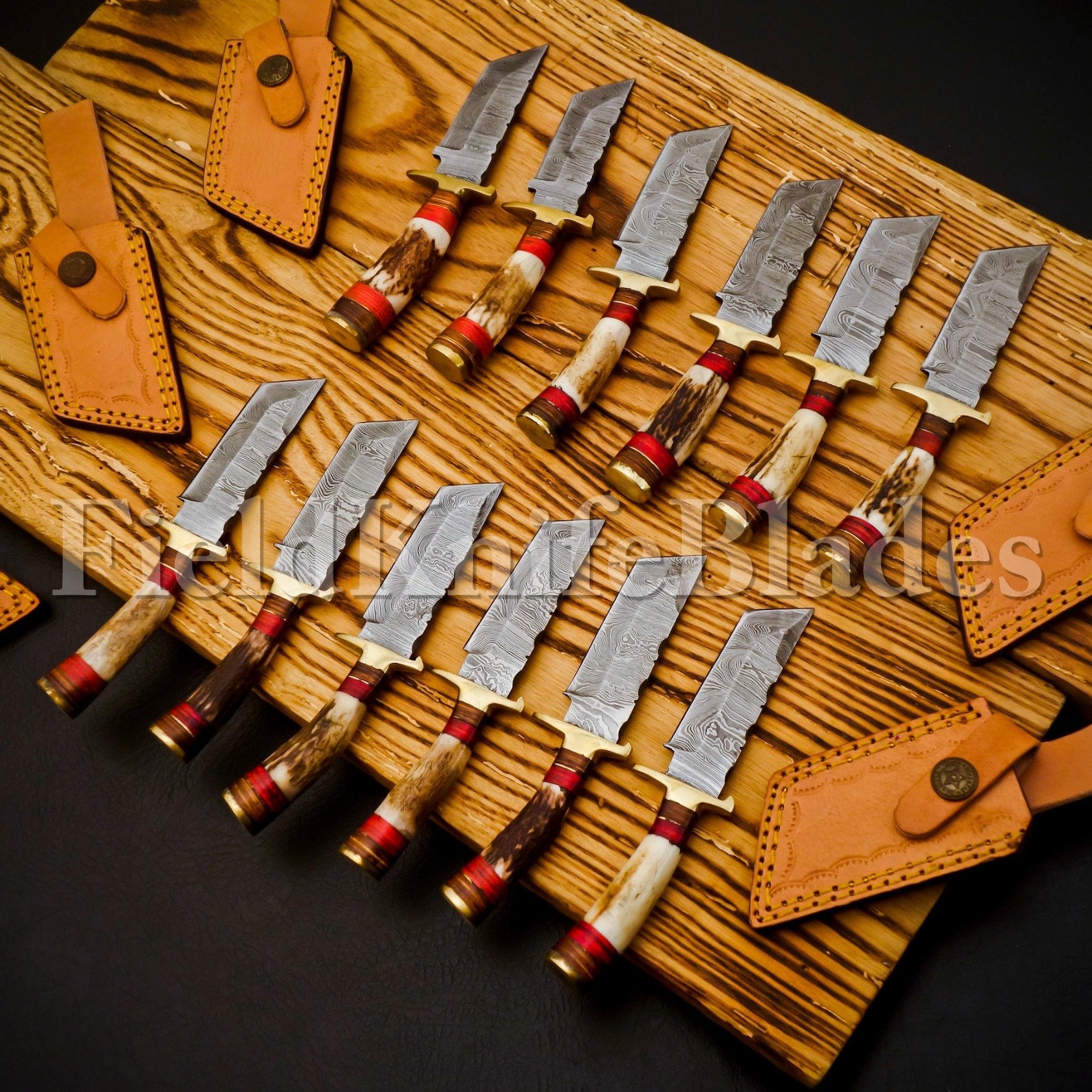 Personalized Set of Groomsmen Damascus Hunting Tanto knife Handle Deer Antler