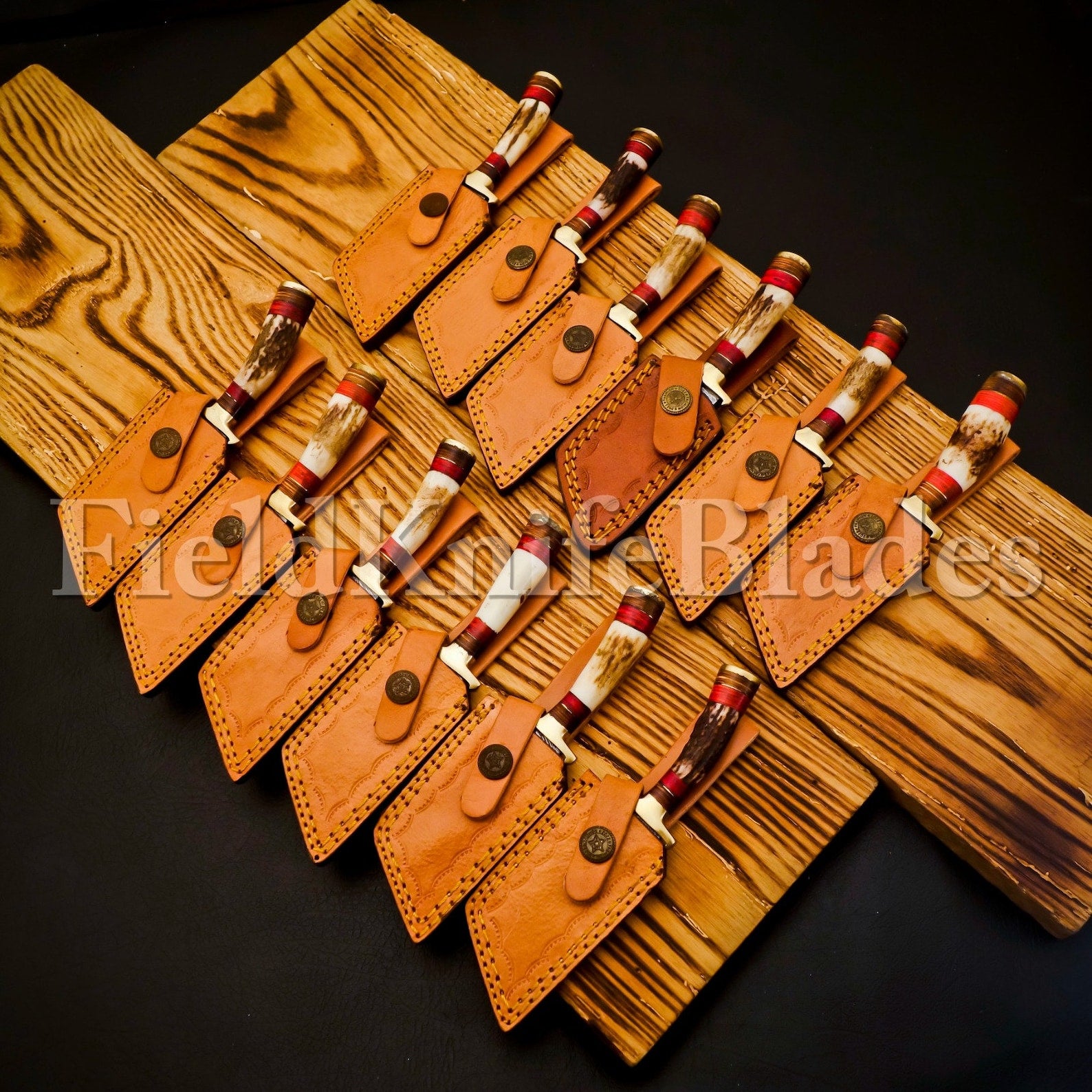 Personalized Set of Groomsmen Damascus Hunting Tanto knife Handle Deer Antler