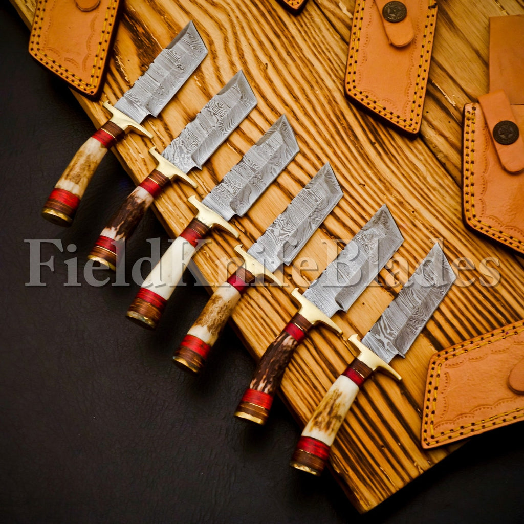 Personalized Set of Groomsmen Damascus Hunting Tanto knife Handle Deer Antler