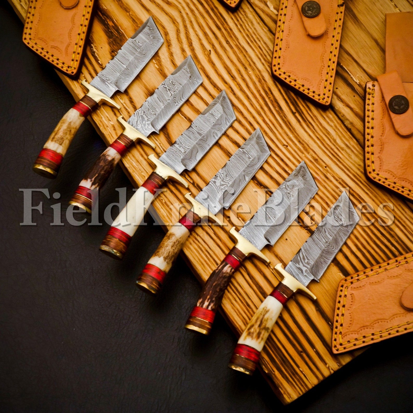 Personalized Set of Groomsmen Damascus Hunting Tanto knife Handle Deer Antler