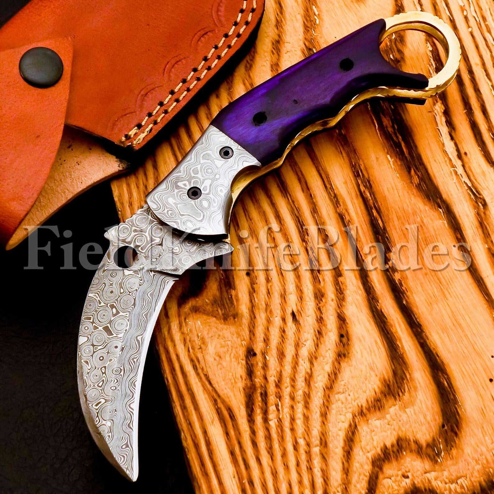 Custom Hand Forged Damascus Karambt knife handle made of Wood with Leather Cover Camping Hunting Folding Knife Gift for Him, Grooms man gift
