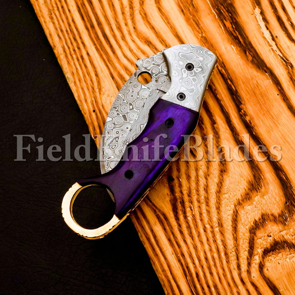 Custom Hand Forged Damascus Karambt knife handle made of Wood with Leather Cover Camping Hunting Folding Knife Gift for Him, Grooms man gift