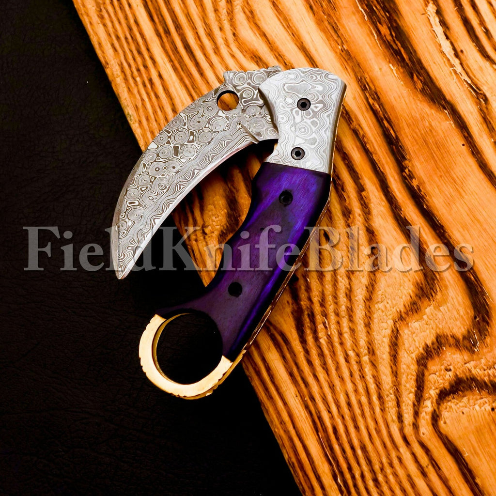 Custom Hand Forged Damascus Karambt knife handle made of Wood with Leather Cover Camping Hunting Folding Knife Gift for Him, Grooms man gift