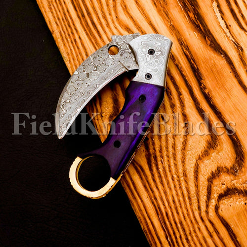 Custom Hand Forged Damascus Karambt knife handle made of Wood with Leather Cover Camping Hunting Folding Knife Gift for Him, Grooms man gift