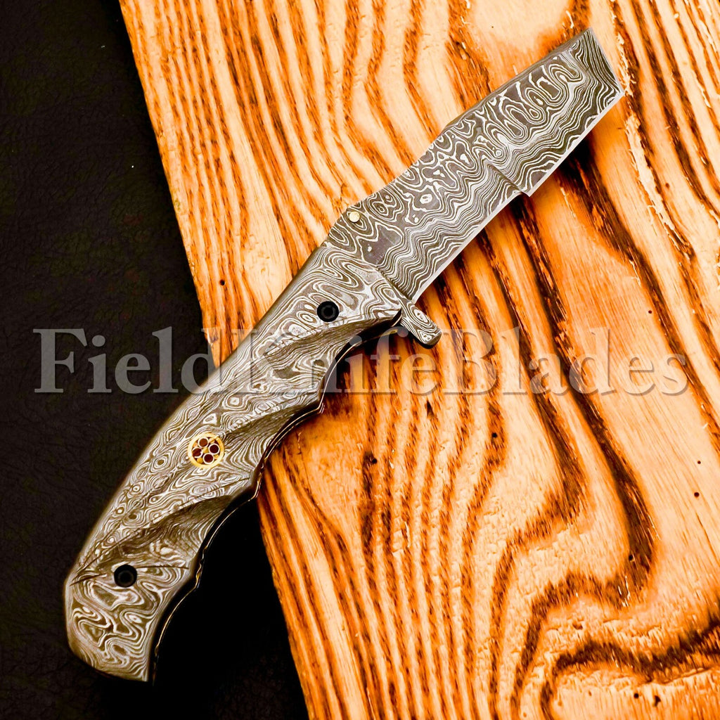 Custom Hand Forged Damascus Tonto knife with Leather Cover Camping Hunting Folding Knife Liner lock Hunting knife