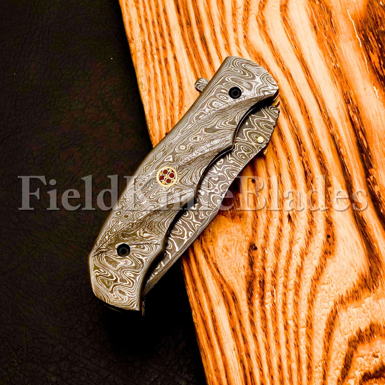 Custom Hand Forged Damascus Tonto knife with Leather Cover Camping Hunting Folding Knife Liner lock Hunting knife