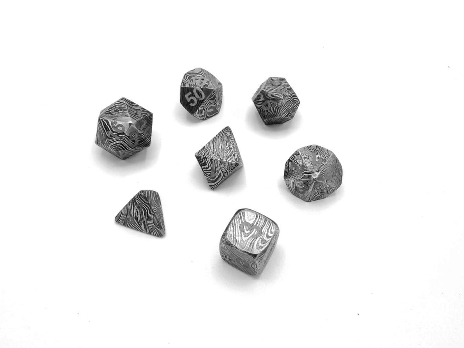 Dice DnD dice set of 7 Damascus Steel MINT/New / Hand Forged Steel / Damascus Steel / D20, D12, D%, D10, D8, D6, D4