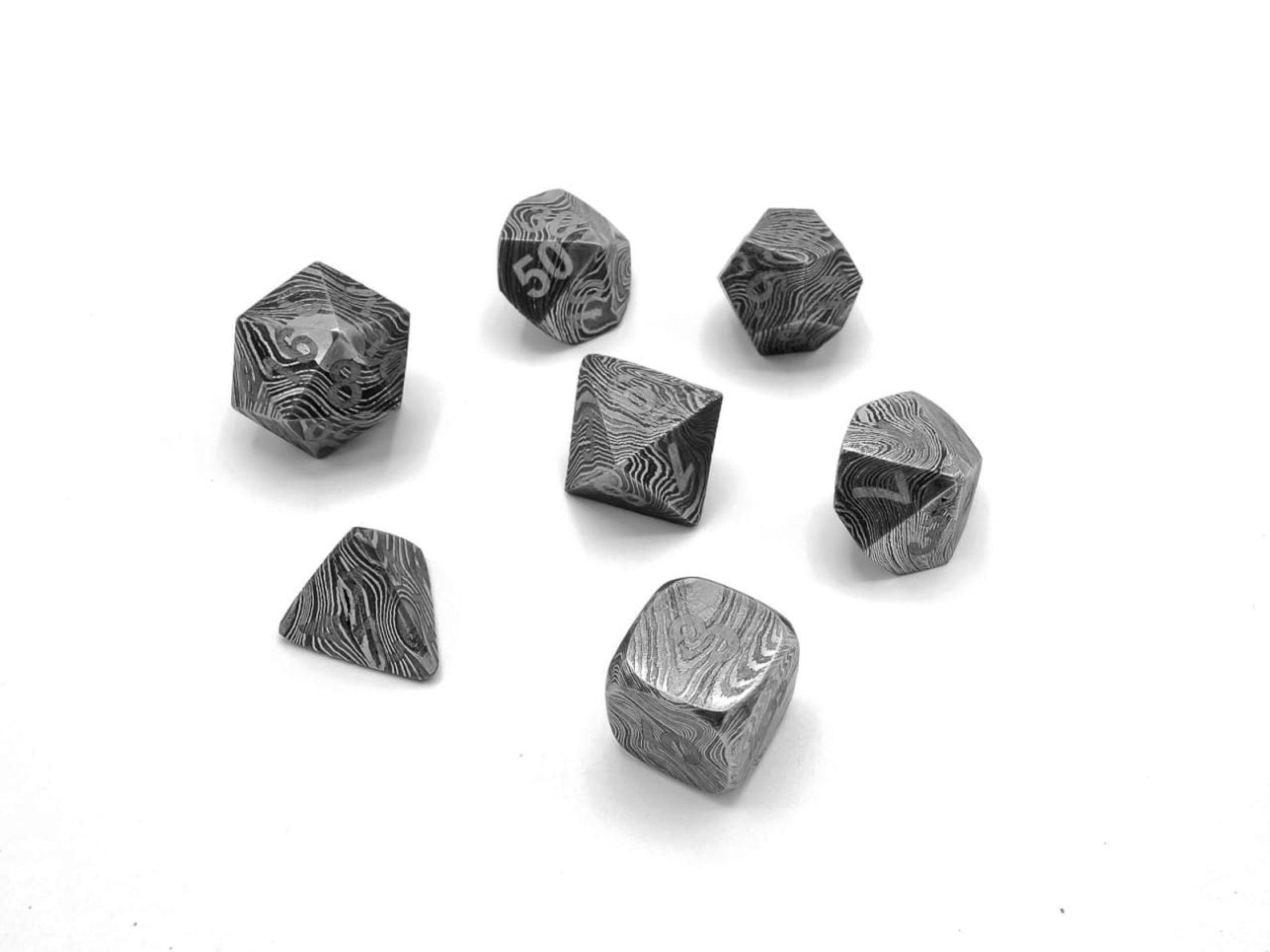 Dice DnD dice set of 7 Damascus Steel MINT/New / Hand Forged Steel / Damascus Steel / D20, D12, D%, D10, D8, D6, D4