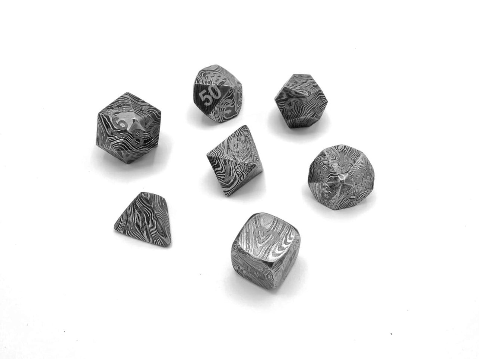 Dice DnD dice set of 7 Damascus Steel MINT/New / Hand Forged Steel / Damascus Steel / D20, D12, D%, D10, D8, D6, D4