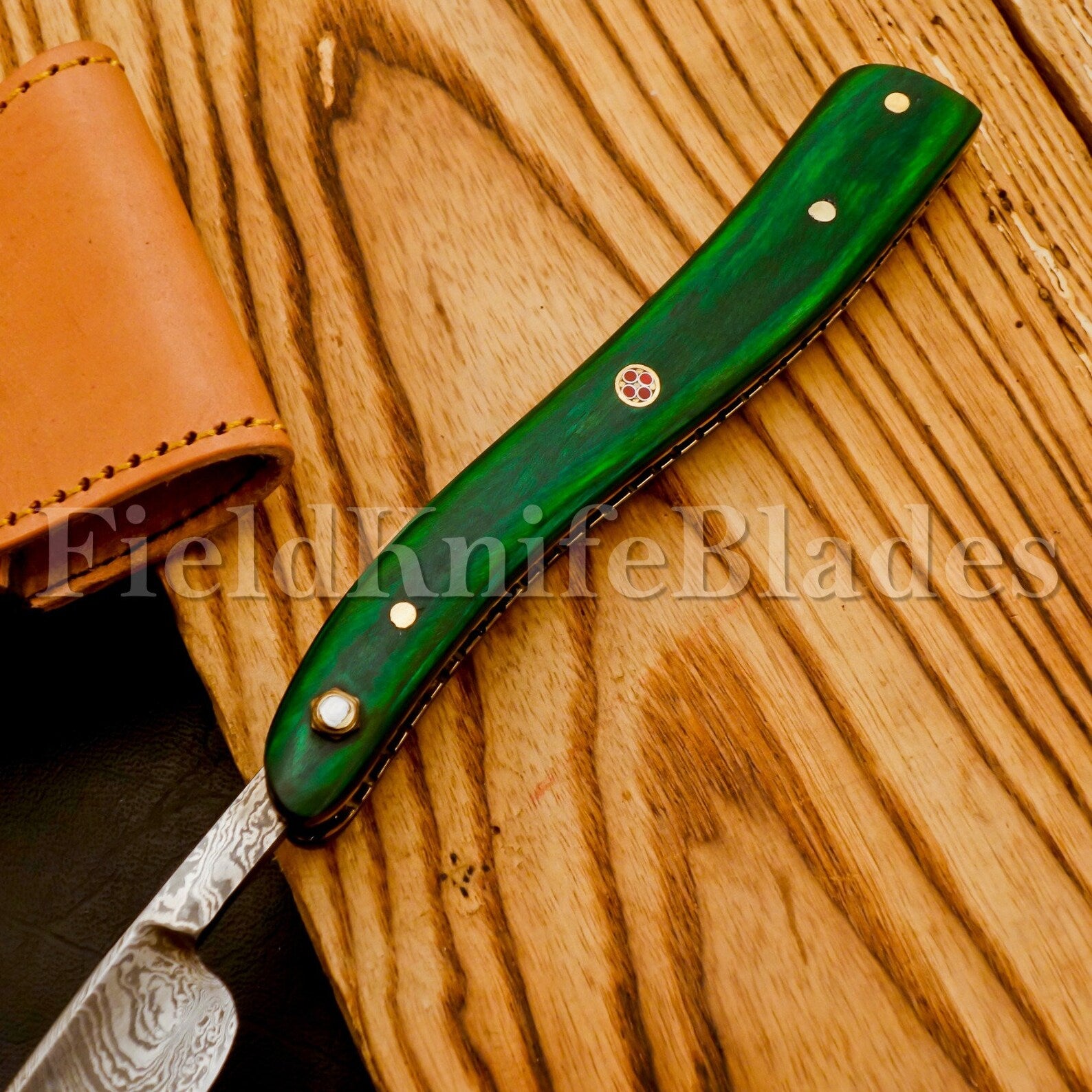 Personalized Damascus Folding Pocket Custom Blade Straight Razor very sharp with leather sheath
