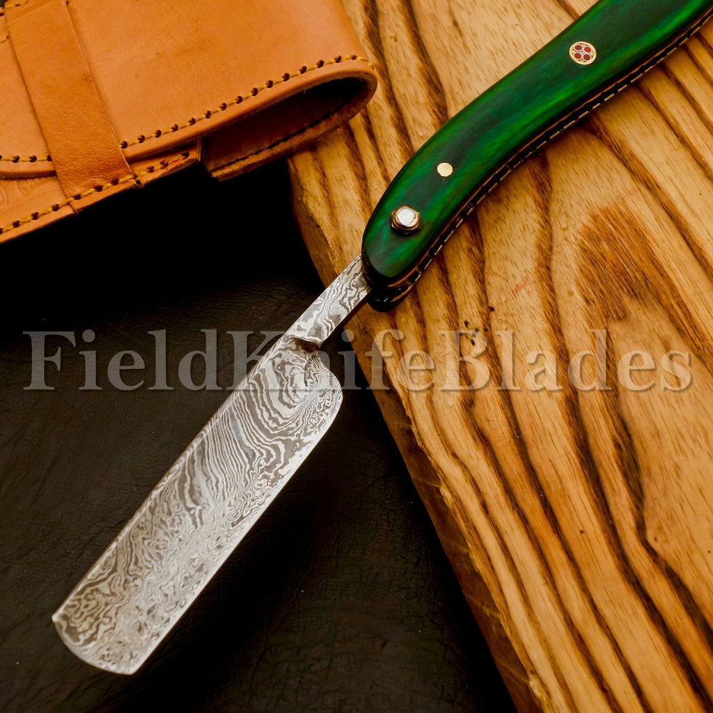 Personalized Damascus Folding Pocket Custom Blade Straight Razor very sharp with leather sheath