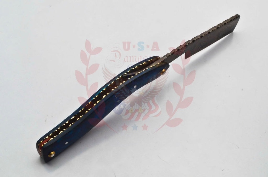 Personalized Damascus Folding Pocket Custom Blade Straight Razor very sharp with leather sheath